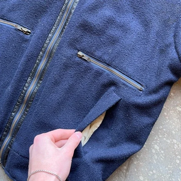 VTG 70s 80s John Henry Navy Wool Leather Trim Bomber Jacket Men's Size L Quilted - Picture 5 of 9